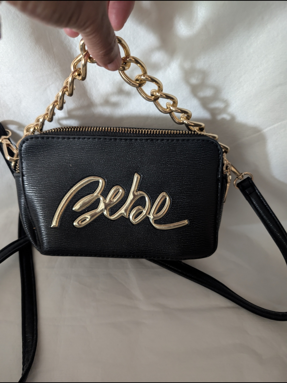 Bebe Black Crossbody Bag with Gold Logo & Chain